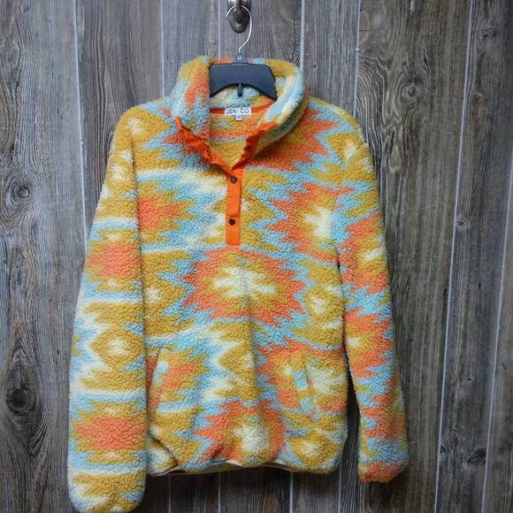 Jen & Co Sherpa Pullover Womens Large XL Aztec Orange Blue Yellow Fall Cozy - Picture 2 of 11